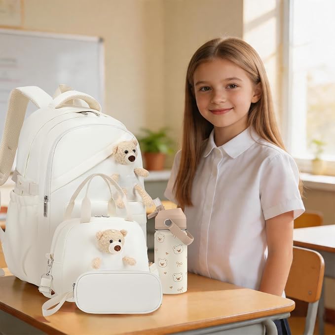 ACESAK Backpack for Girls with Insulated Water Bottle - 4 PCS Cute Girls Backpack with Lunch Box, Pencil Case & Kids Cup Set - 14oz Kids Water Bottle with Straw Set Back to School Supplies (Beige)