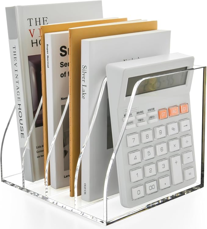 Clear Acrylic Magazine File Holder, 4 Compartment Desk Organizer | 4 spacious vertical compartments hold magazines, files, books & more. 5mm thick clear acrylic, non-slip base. No assembly.