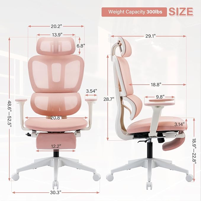 Ergonomic Office Chair with Retractable Footrest, Pink | High Back Design, Dynamic Lumbar Support, 2D Headrest & 2D Armrests, Breathable Mesh Back for Home Office