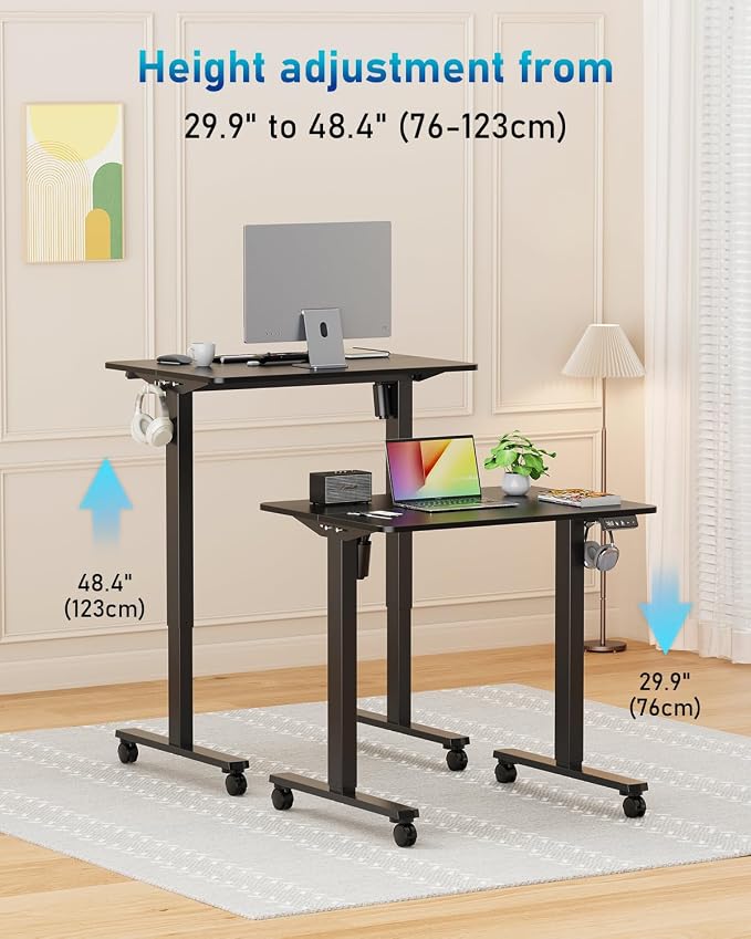 32" Small Electric Rolling Standing Desk Adjustable Height, Mobile Sit Stand up Desk with Lockable Casters for Home Office & Computer Workstation, Splice Board, 2 Hooks, Black Frame/Black Top