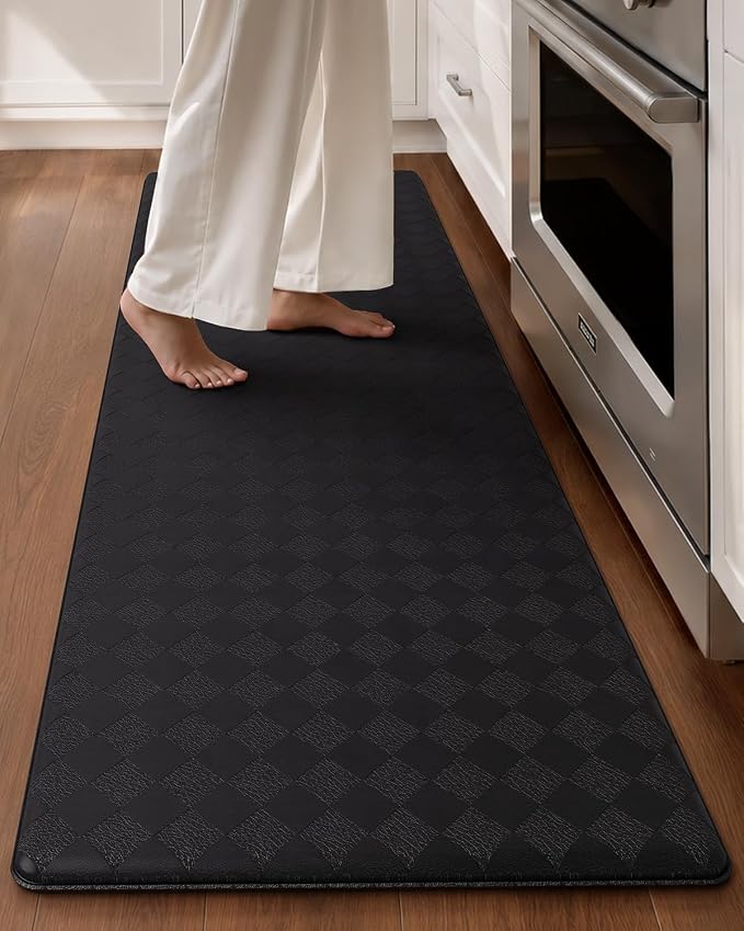 Color&Geometry Checkered Narrow Kitchen Floor Mat Anti Fatigue 17x47, Black | Waterproof & Oil Proof, Easy Clean PVC Kitchen Rug For Busy Family, 0.4in Thick Cushion For Long Standing, Non Slip