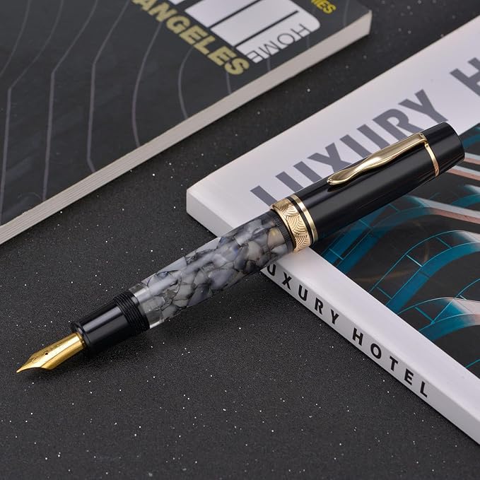 erofa Majohn P139 Fountain Pen Medium Nib Brass Piston System Large Capacity Writing Pen with Box, Gray Marble Acrylic
