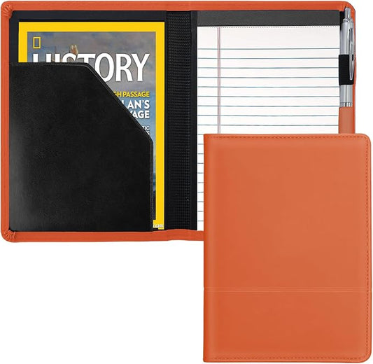 Padfolio/Portfolio Binder, Mini Padfolio Portfolio Binder 5 x 8 Legal Writing Pad, A5 Document Organizer Folder for Men Women, Orange