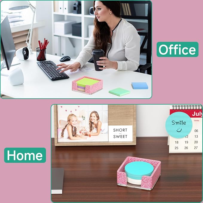 Sticky Note Holder, Glitter Pink Acrylic Notepad Holder 3x3 in Self-Stick Note Dispenser Office Desk Accessories, Memo Pad Holder Organizer for Classroom School Supplies