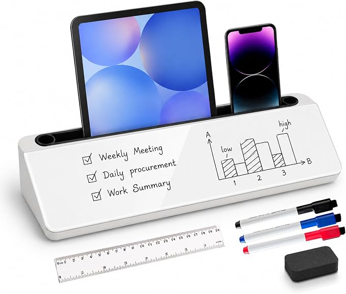Desktop Whiteboard, Glass Dry Erase Board, Desk Board Buddy,Computer Keyboard Stand,Desk Whiteboard Organizer for Home,Office,School Supplies(Black & White)