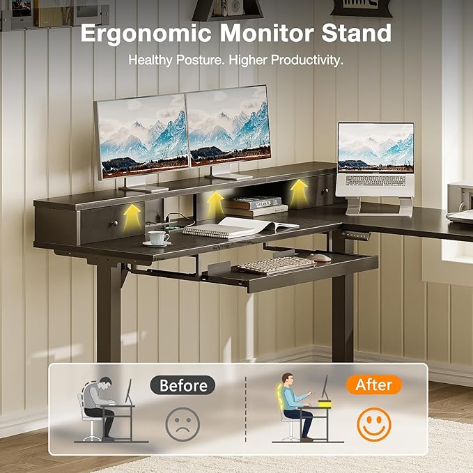 Casaottima 59 Inch Electric L-Shaped Standing Desk with Drawers, Height Adjustable Stand Up Corner Desk with Monitor Stand & Keyboard Tray, Lift Table for Home Office, Workstation, Black
