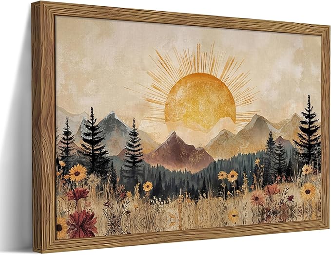 Framed Vintage Sunrise Mountain Landscape Wall Art, Golden Sunburst Meadow Forest Canvas Print, Retro Wildflower Nature Artwork, Rustic Boho Wall Decor for Living Room Bedroom Office 8x10in