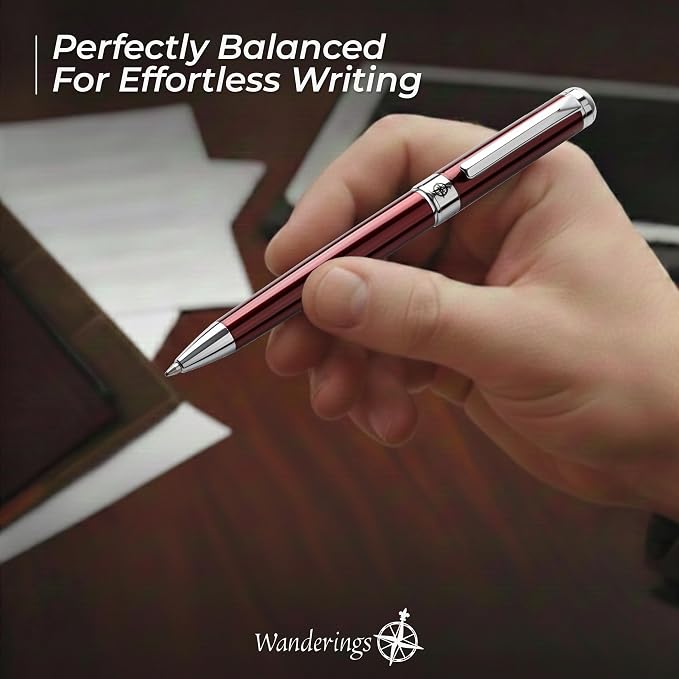 WANDERINGS Premium Ballpoint Pen with German Ink – Perfectly Balanced for a Superb Writing Experience, Chrome Accents – Winefire Red - Includes a Schmidt Refill in a Giftable Presentation Case