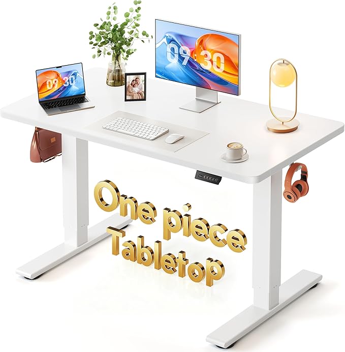 FEZIBO One-Piece Standing Desk, 48"x24" Seamless Tabletop Electric Height Adjustable for Home Office, Study Rooms & Multi-Device Workstations, White