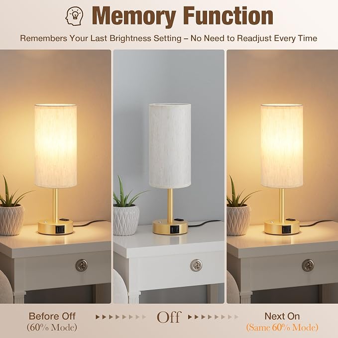 Touch Bedside Table Lamp with Memory - Stepless Dimmable Lamp for Bedroom, Small Nightstand Lamp with Dual USB Charging Ports and AC Outlet, Wood Night Light, Desk Lamp for Nursery (Cream & Gold)