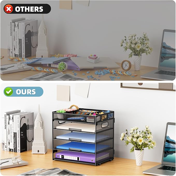 Marbrasse 5 Tier Paper Organizer, Mesh Desk Letter Tray with Handle,Black | Paper Sorter Desk Organizer for Letter/A4 Office File Folder Holder Home Office Supplies