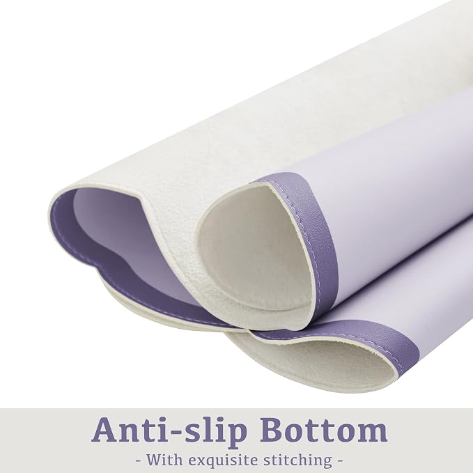 Scalloped Desk Mat, 31.5" x 15.7" Large Cute Aesthetic Desk Accessories, PU Leather Computer Laptop Desk Mouse Keyboard Pad, Desk Writing Mat for Vanity/Work/Home Decor Purple