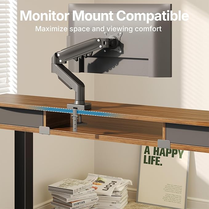 HUANUO 48 x 24 inch Small Electric Standing Desk with 2 Drawers, C-Clamp Mount Compatible, Height Adjustable Sit Stand Desk, Home Office Stand Up Desk with 4 Memory Height Settings, Walnut
