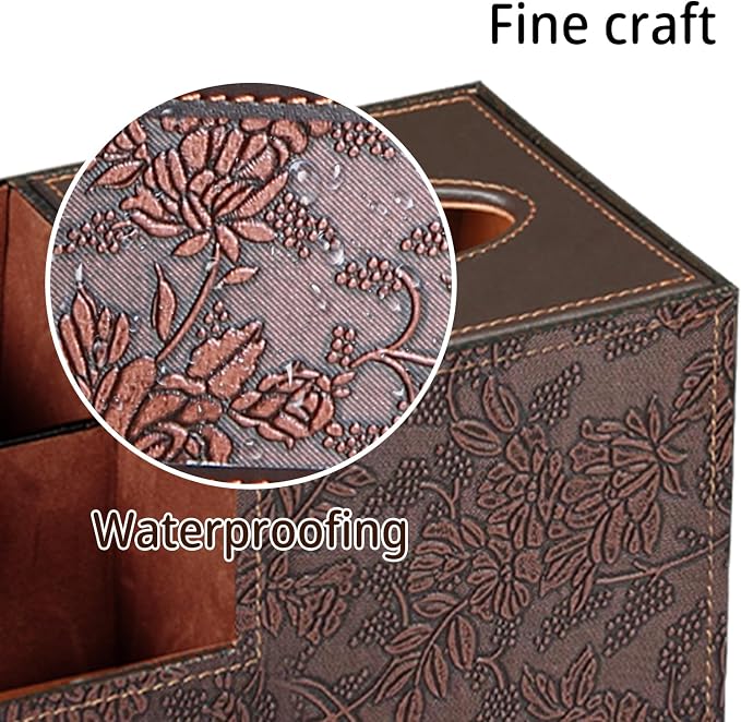 PU Leather Square Tissue Box Cover - Multi-Functional Tissue Box Holder | Tissue Box Cover with Storage ,Tissue and Remote Control Holder, Cube Tissue Box Organizer Bedroom Nightstand End Table