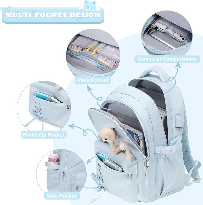 ACESAK Girls Backpack for School Set - 5 PCS Cute Girls Backpack with Lunch Box, Pencil Case, Bento Box & Insulated Water Bottle - Kawaii Casual Kids Bookbag Set Back to School Supplies (Blue)