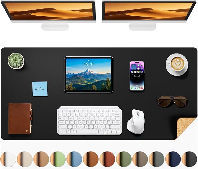 Aothia Cork Desk Mat - Dual-Sided Extra Large Desk Pad & Keyboard Mat, Long PU Leather Desk Protector, Waterproof Desktop Blotter (47" x 17", Black)