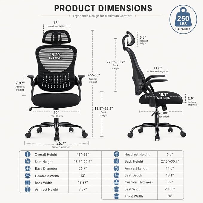 Black Ergonomic Office Chair, High Back Mesh Desk Chair with Adjustable Headrest Lumbar Support, Computer Chairs with Flip-up Armrests and Thickened Cushion for Adults Home Office, 360° Swivel