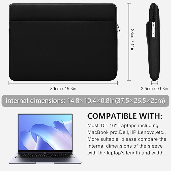 Laptop Sleeve Bag Compatible with 15 to 16 inches MacBook HP Dell Asus Acer Protective Case with Front Pocket Padded Computer Pouch Cover Protective for 15” to 16” Laptop,Black