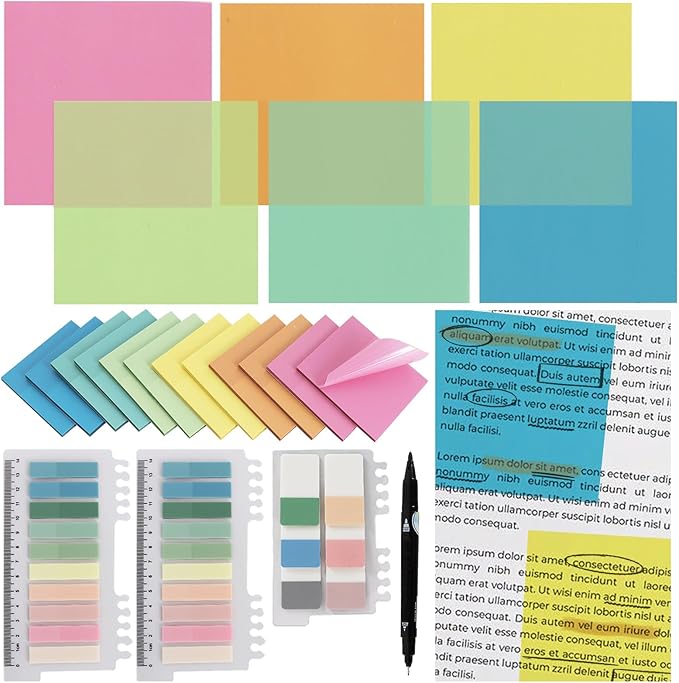 Vuzvuv 1120 Sheets Transparent Clear Sticky Notes with Pen,3x3 Inch Bulk Translucent Sticky Notes Set for Bible Tabs, Book Tabs, Office School Supplies(Rainbow Colors)