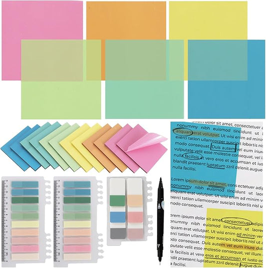 Vuzvuv 1120 Sheets Transparent Clear Sticky Notes with Pen,3x3 Inch Bulk Translucent Sticky Notes Set for Bible Tabs, Book Tabs, Office School Supplies(Rainbow Colors)
