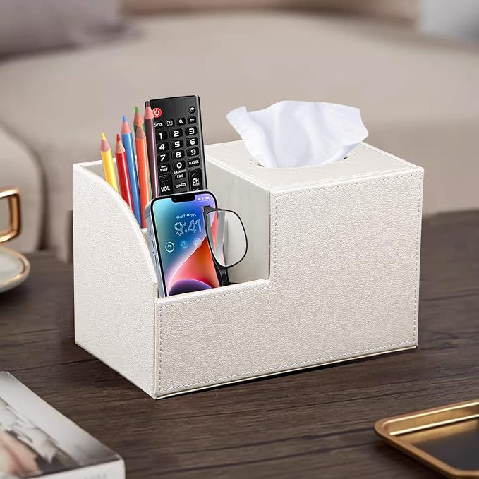 PU Leather Square Tissue Box Cover - Multi-Functional Tissue Box Holder | Tissue Box Cover with Storage,Tissue and Remote Control Holder/Caddy,Cube Tissue Box Organizer Bedroom Nightstand End Table
