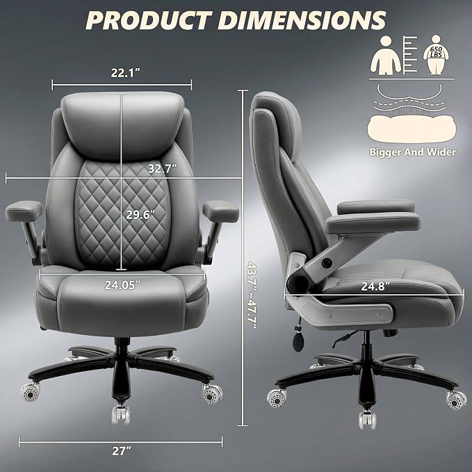 650LBS Big and Tall Office Chair with 5D Flip Arms and Thick Pocket Spring Cushion,Extra Wide Heavy Duty Office Chair&Adjustable Lumbar Support,Large High Back Computer Chair Dual Rubber Wheel (Grey1)