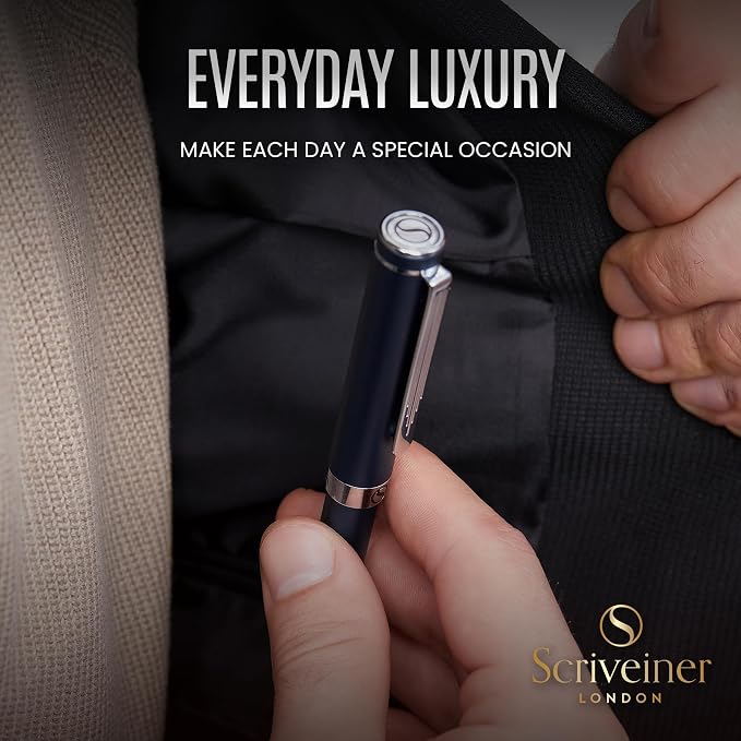 Scriveiner Blue Rollerball EDC Luxury Pen, Stunning Pocket Pen with Chrome Finish, Cool Writing Pen, Best Gift for Men & Women, German Schmidt Refill, Nice Present, Fancy Office Designer