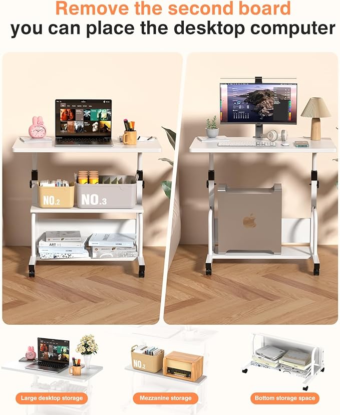 Portable Desk with Wheels Small Standing Desk on Wheels Adjustable Height Rolling Desks for Small Spaces, 32" Computer Desks with Storage Shelves for Home Office Study White