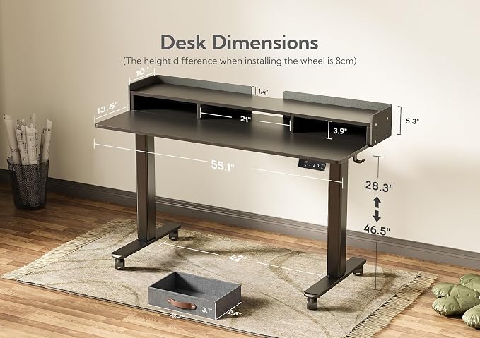 Claiks Standing Desk with Drawers & Wheels, 2 Height Shelf 55inch Black | 2 height adjust shelf, tabletop drawers, felt fence design, sturdy supports 176 lbs, 4 wheels, 2 tire monitor stand