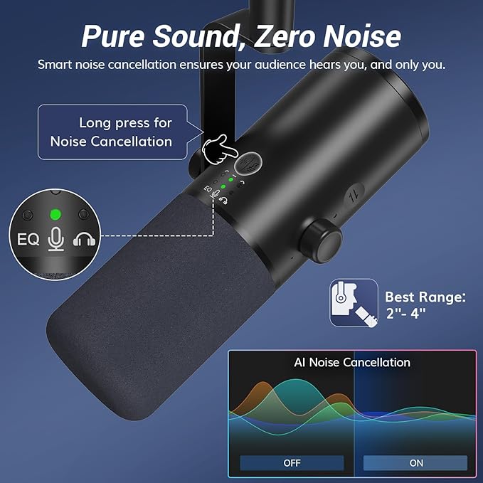 TONOR Dynamic Podcast Microphone for Studio, Cardioid XLR/USB Mic, AI Noise Cancellation, Tap Mute, 3.5mm Headphone Jack for Monitoring, Volume Control, Microfono with Boom Arm, Black, TD510 AIR H+