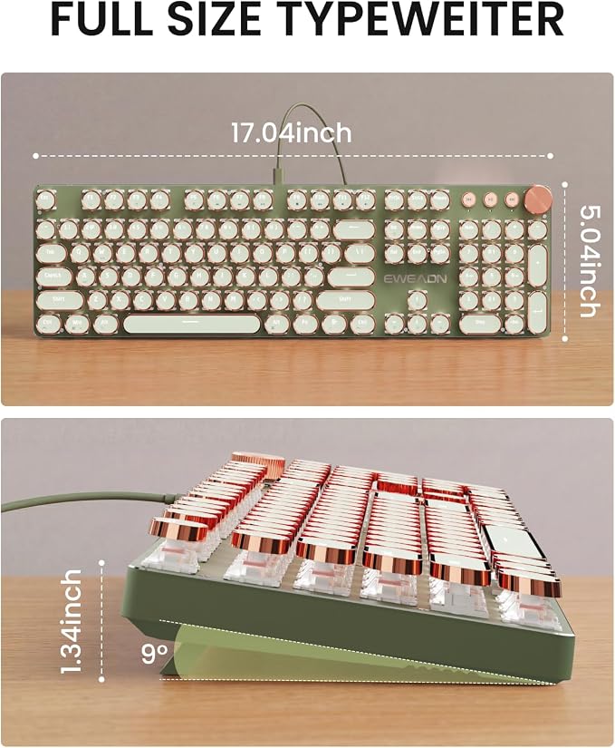 EWEADN Wired Typewriter Mechanical Keyboard, Low Noise Retro Punk Keyboard with Media Knob, White Backlit, Metal Panel, 104-Key Round Keycaps Gaming Keyboard for Windows PC, Pink Switch, Green
