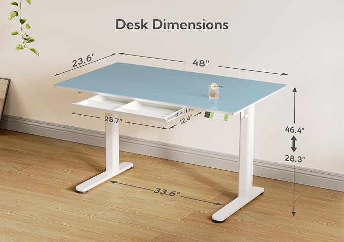 INNOVAR 48×24 Inch Morandi Blue Glass Standing Desk with Drawers | Tempered Glass Top, Ergonomic, Adjustable Height, Stand Up Desk,4 Memory Presets