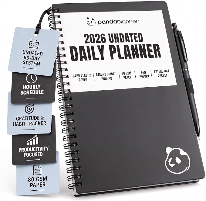 Panda Planner 2026 Undated Daily Planner 5.75" x 8.25", Gray | 90-Day Spiral Academic, Productivity Planner, Hourly Schedule, To-Do List, Monthly Calendar, ADHD-Friendly Panda Journal