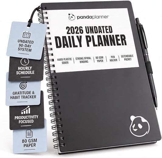 Panda Planner 2026 Undated Daily Planner 5.75" x 8.25", Gray | 90-Day Spiral Academic, Productivity Planner, Hourly Schedule, To-Do List, Monthly Calendar, ADHD-Friendly Panda Journal