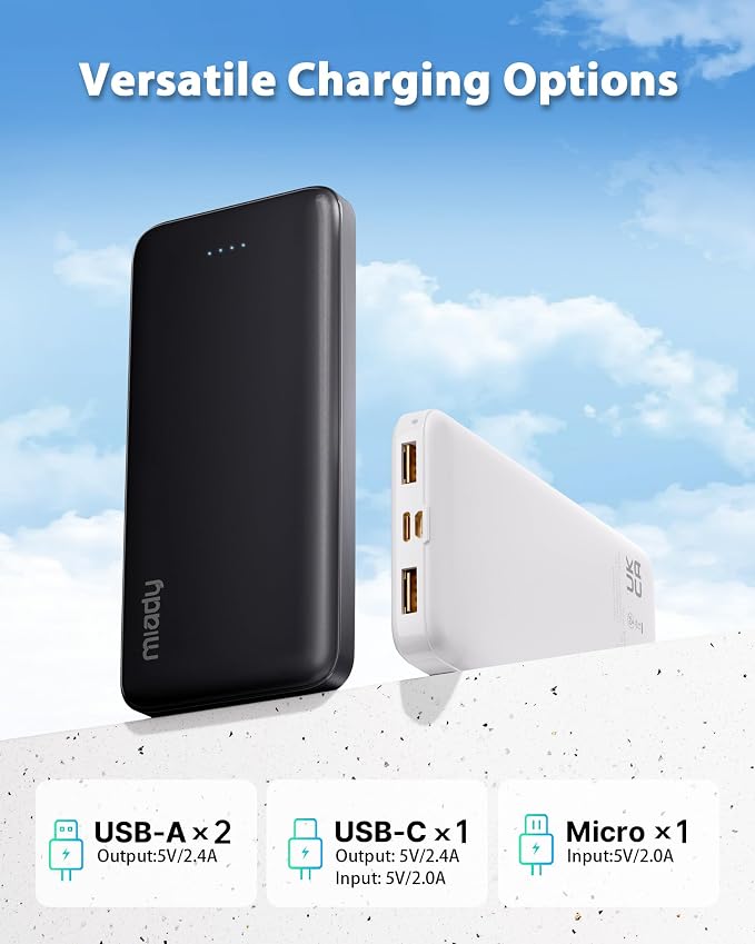 Miady 2-Pack 10000mAh Dual USB Portable Charger, Type-C Charging Power Bank, Slim Battery Pack for iPhone 17/16/15/14, Galaxy S24/22, Android etc