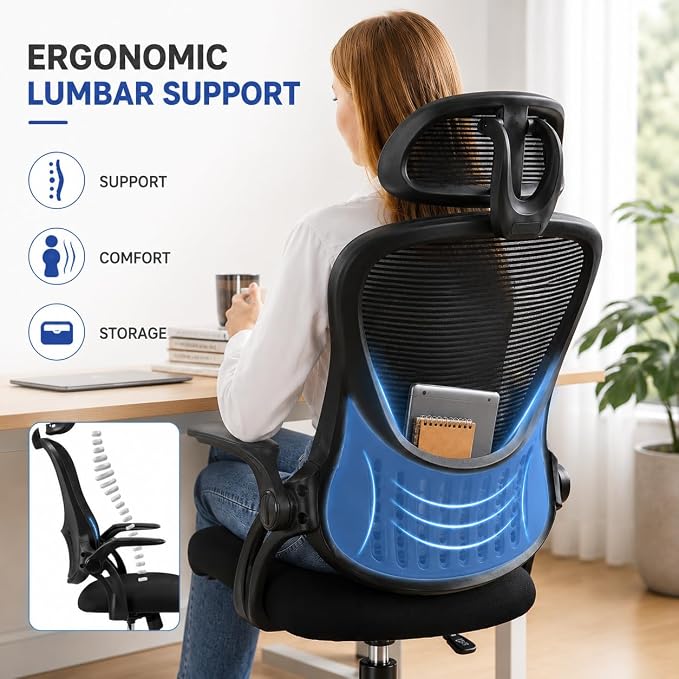 Black Ergonomic Office Chair, High Back Mesh Desk Chair with Adjustable Headrest Lumbar Support, Computer Chairs with Flip-up Armrests and Thickened Cushion for Adults Home Office, 360° Swivel