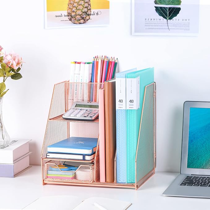 Topwey Rose Gold Desk Accessories, Office Supplies Desk Organizer Caddy with Sliding Drawer, Double Tray, File Organizer and pen holder for Home, Office School