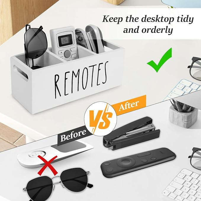 Remote Control Holder, Wooden TV Remote Holder for Table, 3-Compartments Bedside TV Controller Caddy, Wood Remote Organizer Box, Multi-functional Media Organizer Tray for Home Bedroom Nightstand