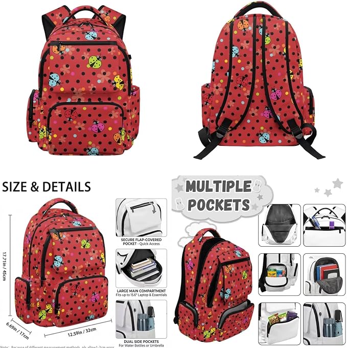 WELLFLYHOM 4 PCS Colorful Polka Dot Ladybug Backpack for Girls Ages 8-12 | 4-Piece Primary School Set With Lunch Box, Pencil Case and Water Bottle Sleeve for Young Girls, Kids Back to School Supplies
