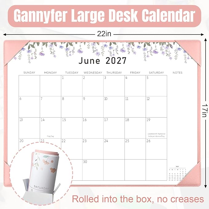 Gannyfer Desk Calendar 2026-2027 with Desktop Mat, Large 22" x 17" Desk Pad Calendar, 18-Month Calendar Use Now Through Jun 2027, Office Supplies for Home School Office, Pink with 6 Stickers