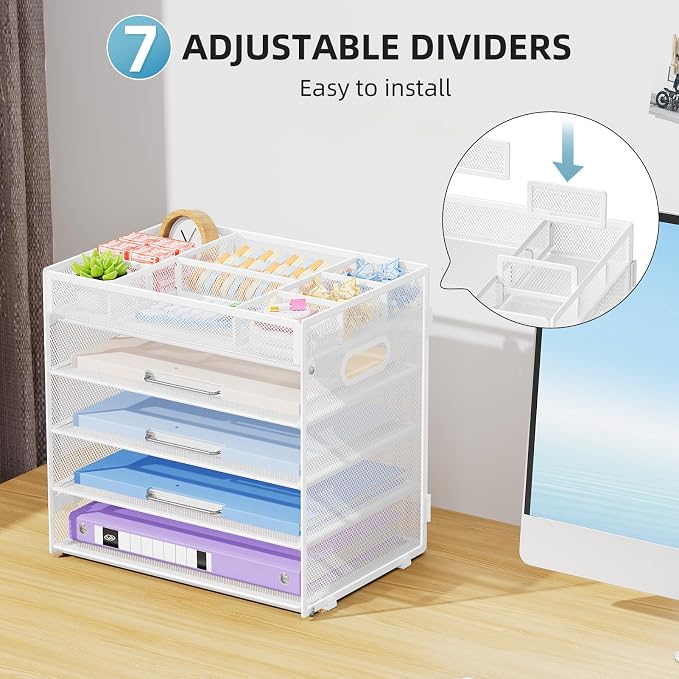 Marbrasse 5 Tier Paper Organizer, Mesh Desk Letter Tray with Handle,White | Paper Sorter Desk Organizer for Letter/A4 Office File Folder Holder Home Office Supplies