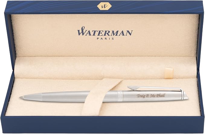 Waterman Hemisphere Engraved Ballpoint Pen, Brushed Stainless with Silver Trim, Mysterious Blue Ink, Tone-on-Tone Engraving, Personalized Gift for Executives, Retirement, Board Members