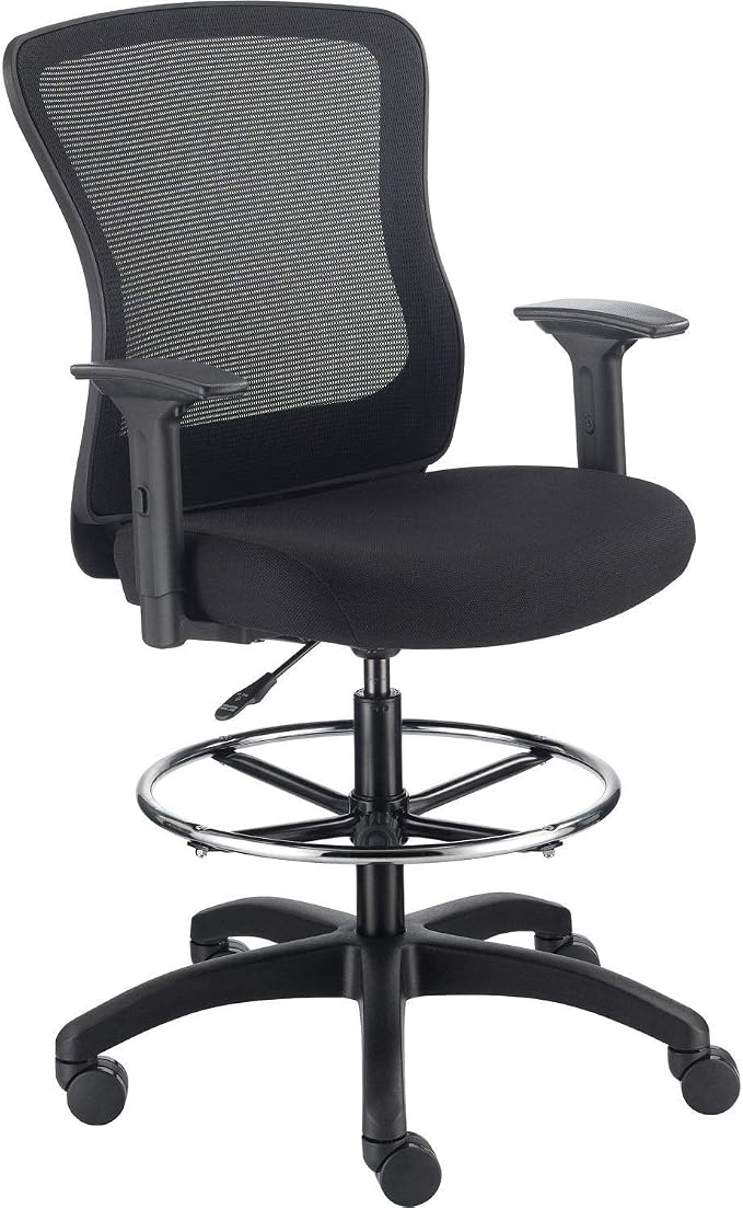 Global Industrial Interion Mesh Back Task Stool with Adjustable Arms, High Back, 3" Thick Fabric Seat, 5-Star Base with Swivel Casters, 350 Lbs Capacity, Black