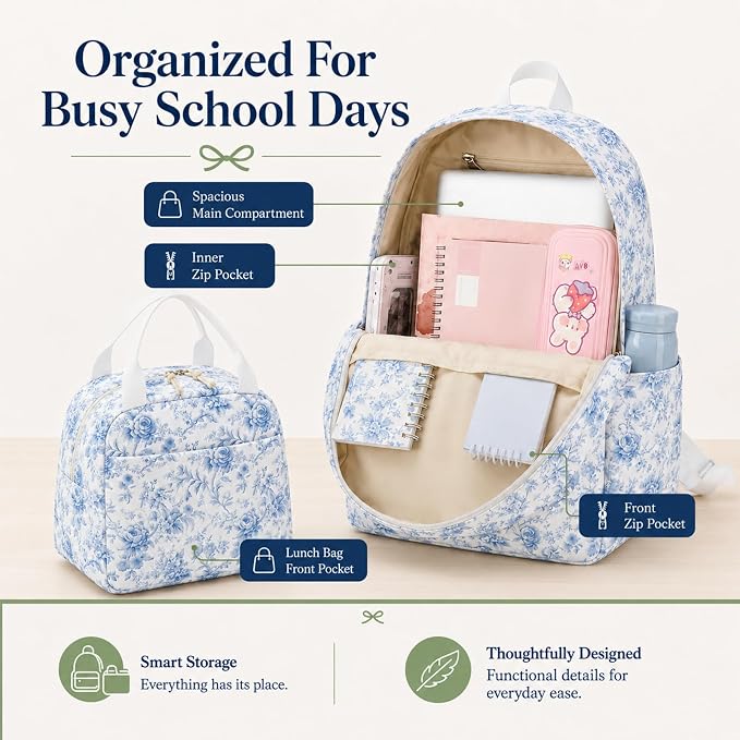 Bluboon Teens Backpack Set Girls School Backpack Lunch Box Pencil Bags Student Bookbags 3 in 1 (Blue Toile Floral 231)