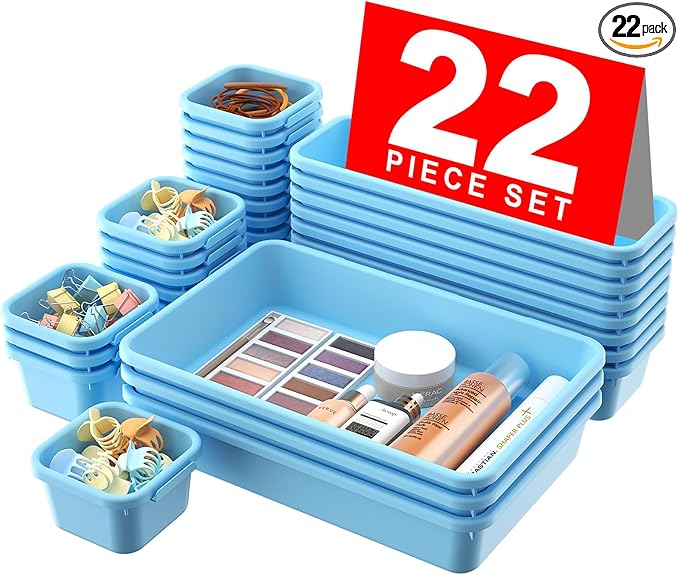 A-LuGei 【𝟮𝟮𝗣𝗖𝗦】 Plastic Sky Blue Desk Drawer Organizer, Bathroom Organizers and Storage, Makeup Organizer, Organization and Storage Bin Container for Vanity Office Utensils Tool Pantry Cosmetic