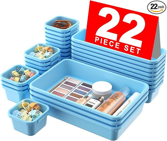 A-LuGei 【𝟮𝟮𝗣𝗖𝗦】 Plastic Sky Blue Desk Drawer Organizer, Bathroom Organizers and Storage, Makeup Organizer, Organization and Storage Bin Container for Vanity Office Utensils Tool Pantry Cosmetic