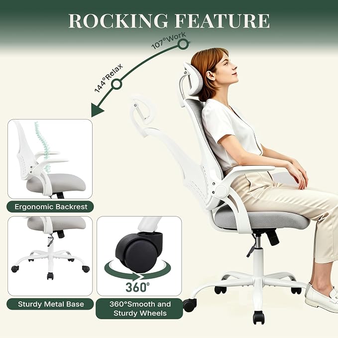 Ergonomic Light Weight Office Chair, Comfy Desk Chair with Wheels, Work Chair with Adjustable Headrests, Flip-Up Armrests, Breathable Mesh Back, Small Computer Chair for Home Computer, Grey