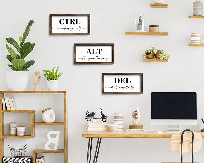 Pinetree Art Motivational Wall Decor for Office, Set of 3 Rustic Wooden Framed Signs, CTRL ALT DEL Inspirational Wall Art for Home Office, Classroom, Desk Wall, Positive Mindset Decor, (6"x12"x3)