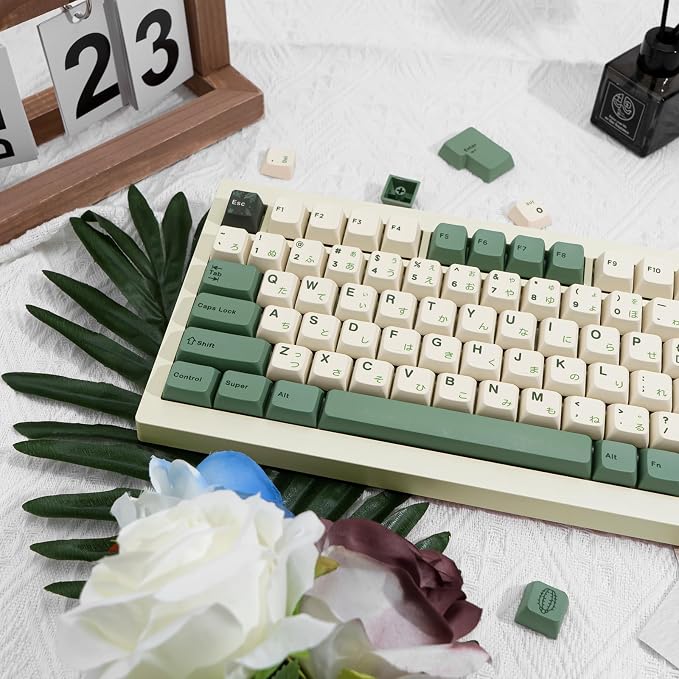 130 Keys MDA Profile Keycaps Set, Green Japanese PBT Keycaps, Dye-Sub Custom Retro Keycap ANSI/ISO Layout for Cherry MX Mechanical Keyboard (Botanical Theme)