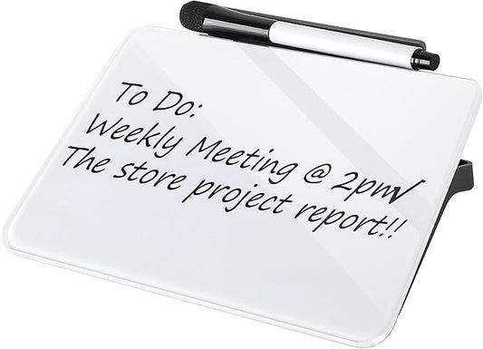 Small Desktop Whiteboard 8x6 inch - Glass Dry Erase Board with Stand, Reusable Desk Memo Notice Notepad with Marker for Home Office Adult School Teacher Student Easy Notes Taking